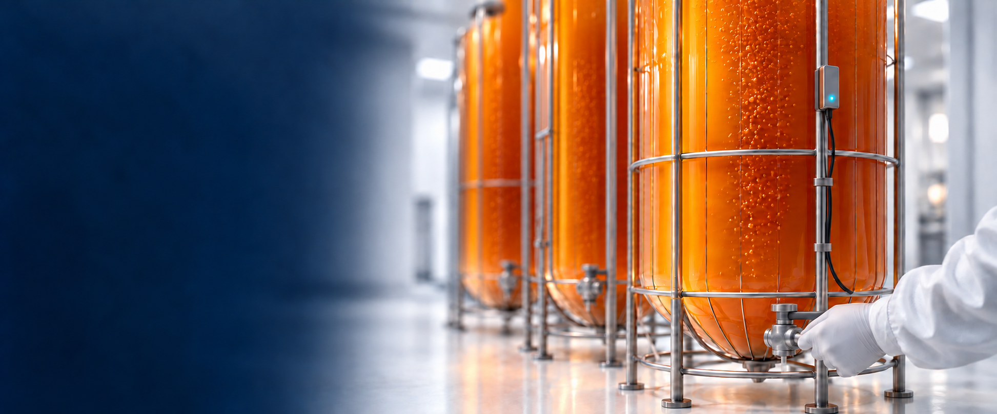 Amber plant-cell cultures in tall transparent bioreactors, with an operator tending a connection
