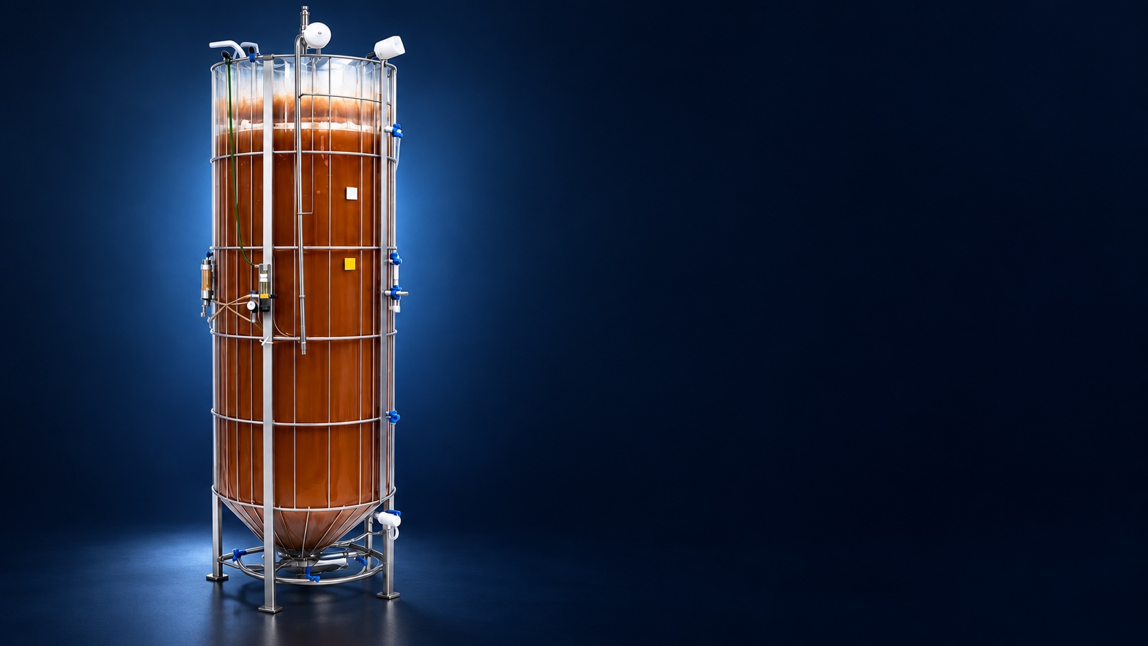 Reagenics cultivation vessel rendering with amber culture against a navy background