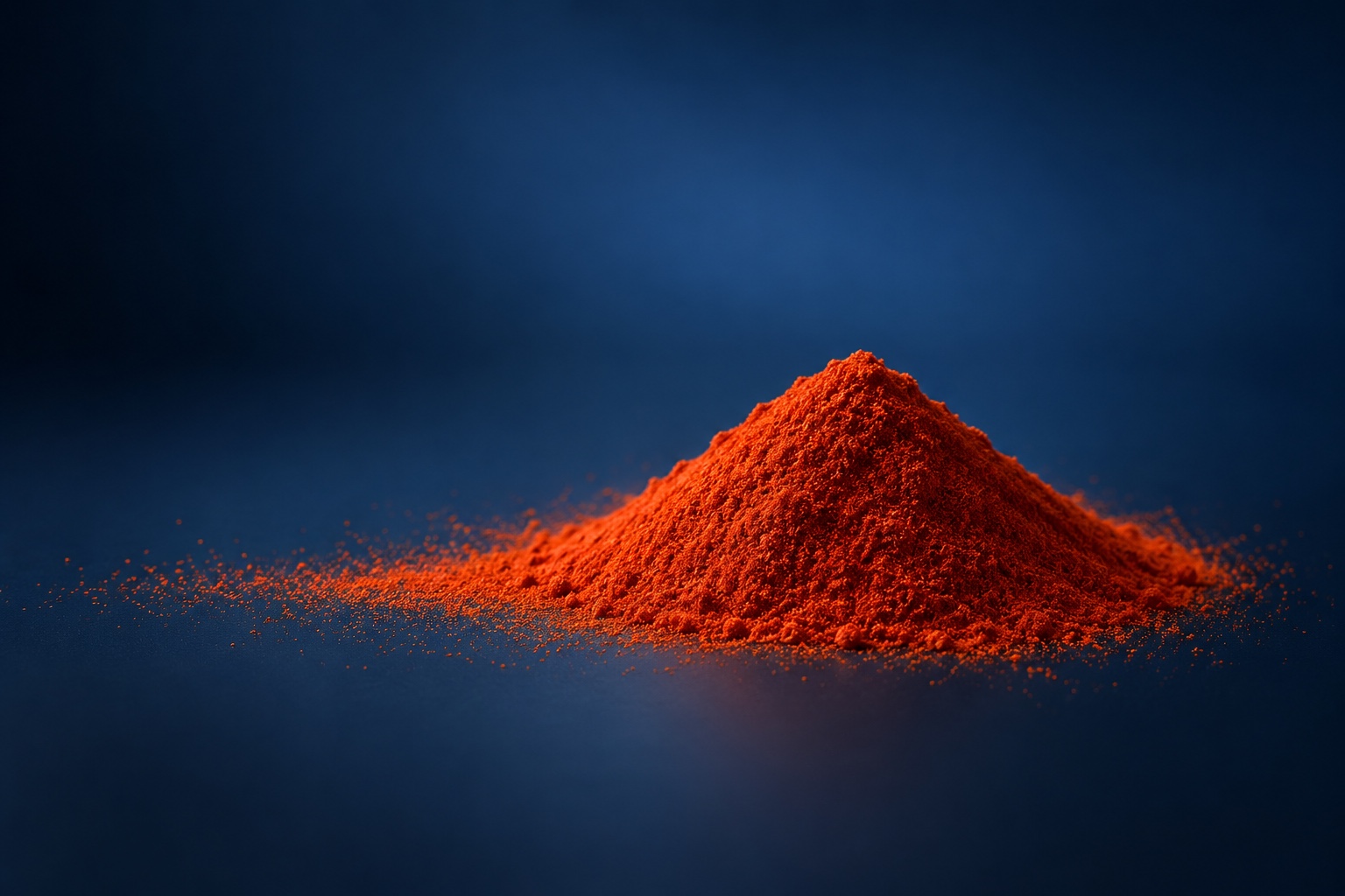 Fine saffron powder against a deep blue studio background